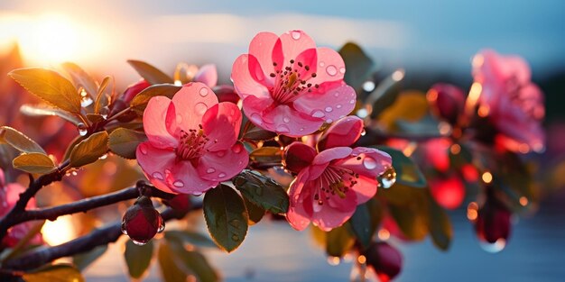 flores de roseira em galhos com gotas de orvalho ao nascer do sol na praia