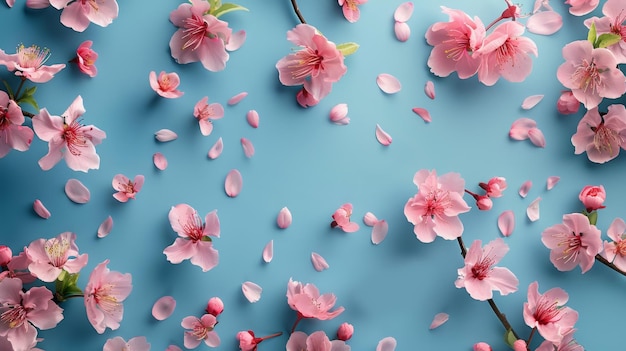 Flores de sakura com pétalas caídas em fundo azul Fundo floral de primavera