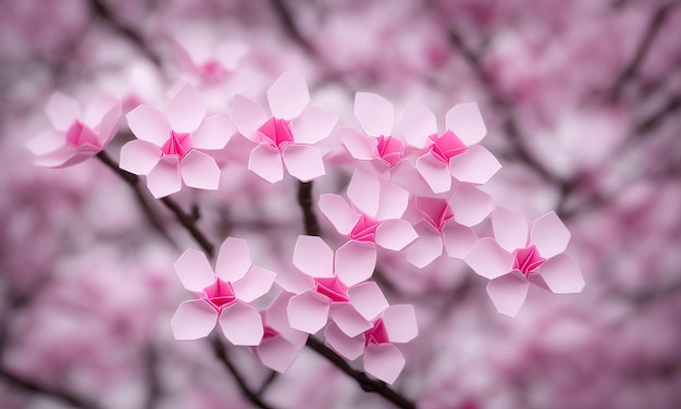 Flores de sakura de origami, flores de sakura de papel em uma árvore em tons de rosa