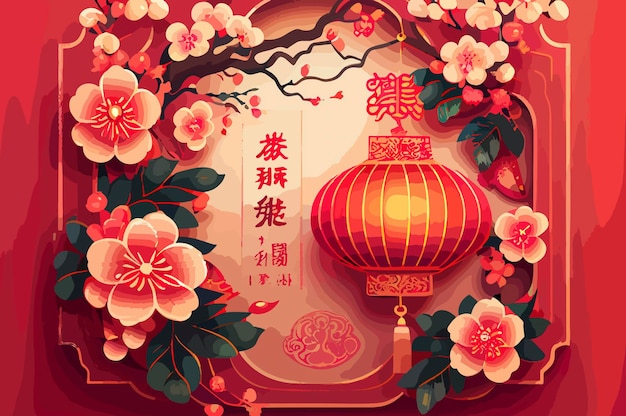 Flores de sakura do ano novo chinês feliz e lanterna tradicional no fundo vermelho