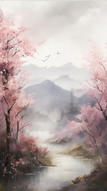 Flores de sakura rosa em um papel de parede panorâmico de paisagem Imagem generativa de IA