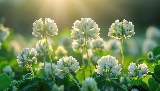 Foto flores de trevo branco florescendo em um campo iluminado pelo sol pétalas delicadas e caules verdes vibrantes vista de perto