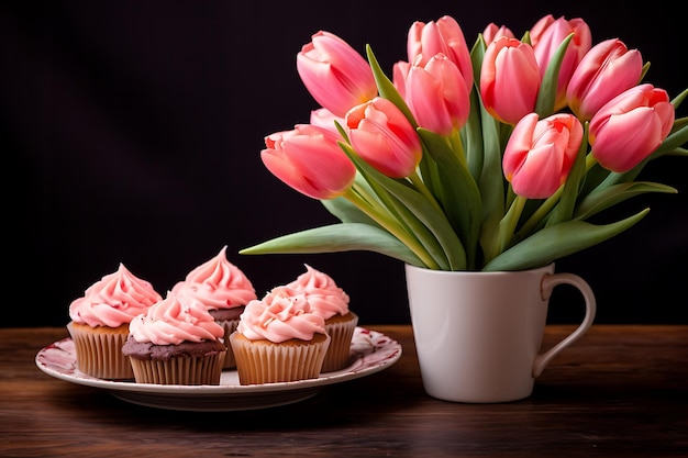 Flores de tulipa com cupcakes na mesa