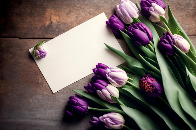 Flores de tulipa da primavera Cartão de papel na mesa de madeira de cima IA generativa