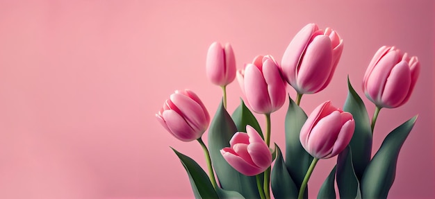 Flores de tulipa da primavera na vista superior de fundo rosa em estilo plano leigo saudação para o dia das mulheres ou das mães ou banner de venda de primavera generativo ai