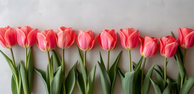 Foto flores de tulipa de primavera em fundo vista superior em estilo plano greeting for womens or mothers day