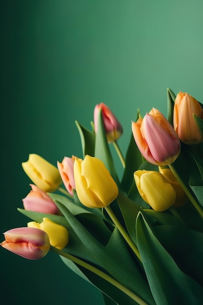 Flores de tulipa de primavera em vista superior de fundo verde em estilo plano leigo Saudação para o Dia das Mulheres ou das Mães ou Banner de Venda de Primavera Generativo Ai