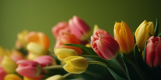 Flores de tulipa de primavera em vista superior de fundo verde em estilo plano leigo Saudação para o Dia das Mulheres ou das Mães ou Banner de Venda de Primavera Generativo Ai