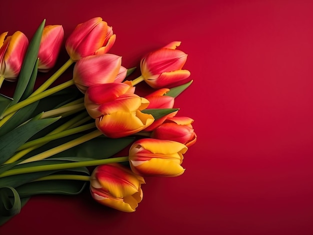 Flores de tulipa de primavera em vista superior de fundo vermelho em estilo plano leigo Saudação para o Dia das Mulheres ou das Mães ou Banner de Venda de Primavera Generativo Ai