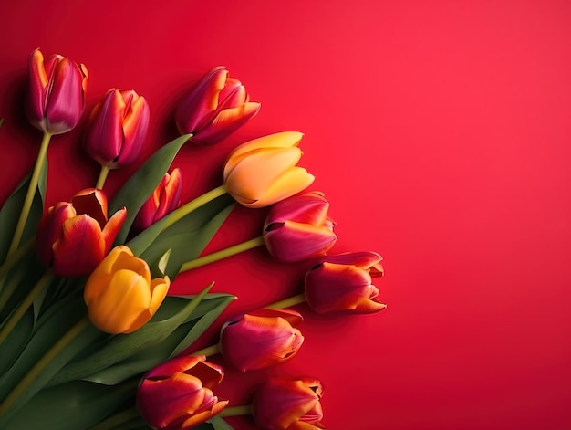 Flores de tulipa de primavera em vista superior de fundo vermelho em estilo plano leigo Saudação para o Dia das Mulheres ou das Mães ou Banner de Venda de Primavera Generativo Ai