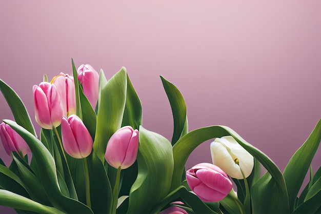 Flores de tulipa em fundo rosa com espaço de cópia para texto