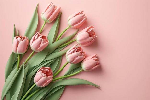 Flores de tulipa para o dia da mulher na superfície plana com espaço de texto.