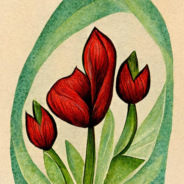 Flores de tulipa vermelha em aquarela