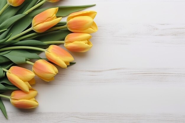 Flores de tulipa vibrantes adornando o espaço para cópia de mesa de madeira branca criado com ferramentas de IA generativas