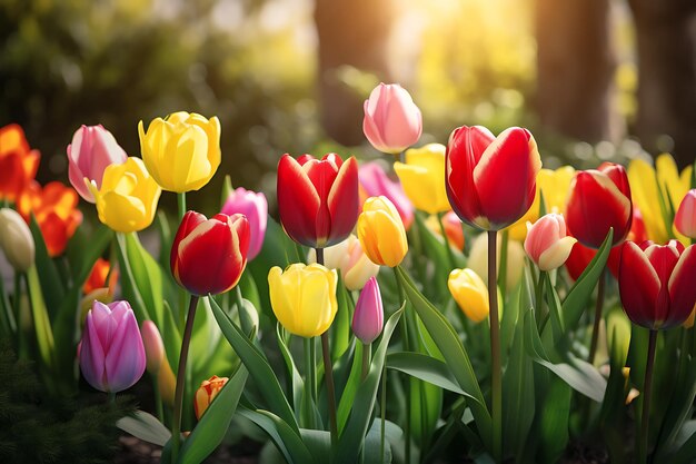 Flores de tulipas coloridas como fundo no jardim
