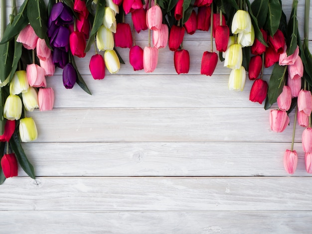 Flores de tulipas da primavera em um velho de madeira