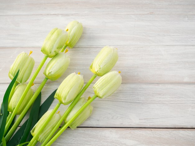 Flores de tulipas da primavera em um velho de madeira