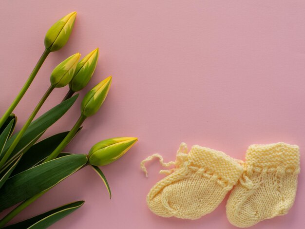 Flores de tulipas e botas para um recém-nascido em segundo plano com espaço de cópia