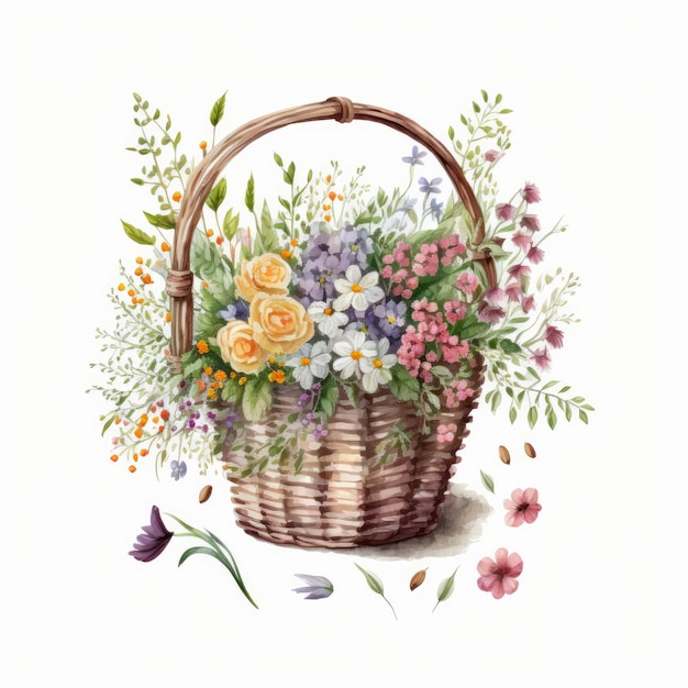 Flores de verão em aquarela na cesta Ilustração AI GenerativexA