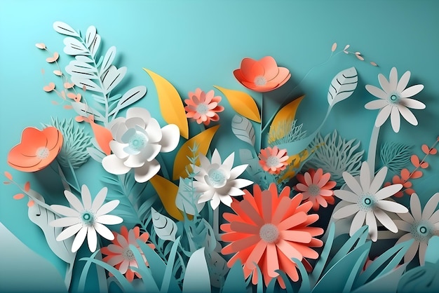 Flores de verão em estilo de arte de corte de papel em um fundo azul Generative AI