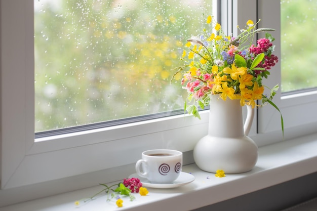 Flores de verão em jarro branco com uma xícara de café no peitoril da janela