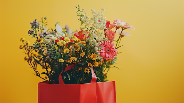 Foto flores de verão em um fundo amarelo em um pacote de entrega de flores comercial filmado com espaço