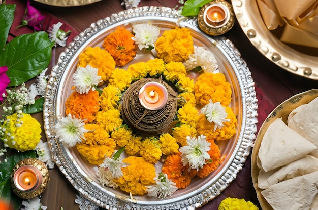 Flores decorativas no prato para celebrar o festival hindu e Puja