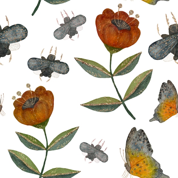 Flores decorativas rojas oscuras con hojas verdes escarabajos y mariposas acuarela patrón sin costuras sobre un fondo blanco