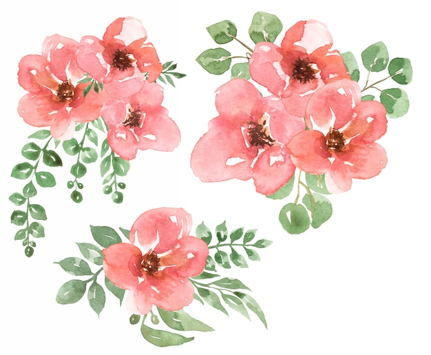 Flores delicadas Conjunto de clipart Aquarela desenhada à mão Florals Bouquet ilustração Flores vermelhas