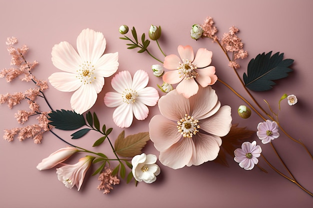 Flores delicadas e delicadas em fundo rosa pastel criado com generative ai