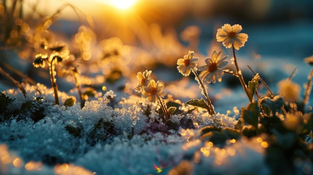 Foto flores delicadas emergem da neve na hora dourada