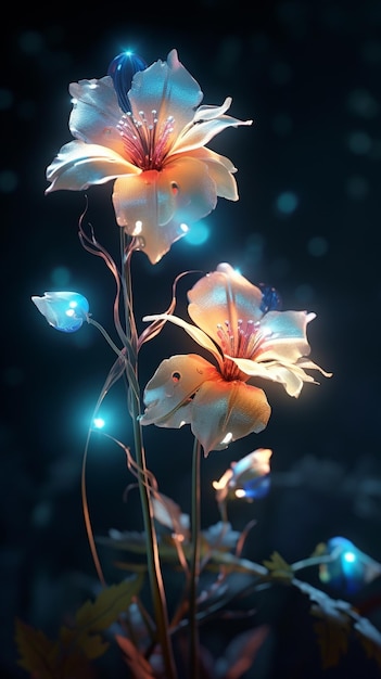 flores desabrochando em azul claro em fundo escuro no estilo de paisagens luminosas luminescentes