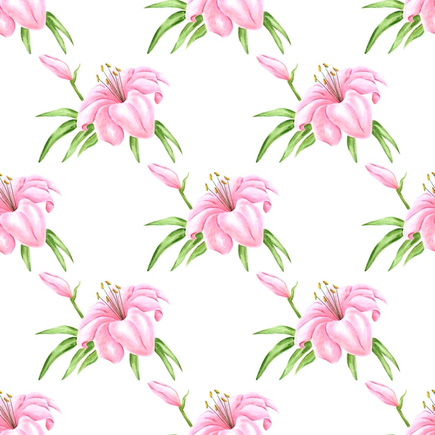 Flores desenhadas à mão sem costura Lírio rosa aquarela sobre fundo branco Scrapbook banner têxtil