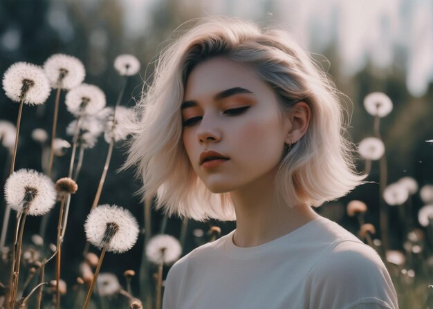 Flores de diente de león y una niña inmersa en el concepto de la foto combinadas con un melocotón suave