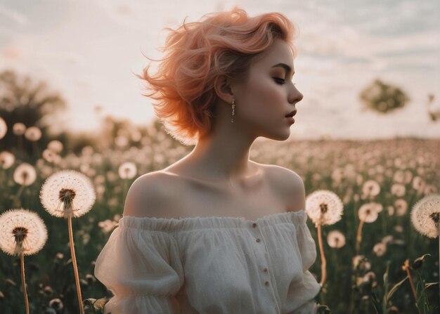 Flores de diente de león y una niña inmersa en el concepto de la foto combinadas con un melocotón suave