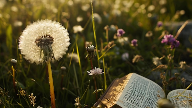 Las flores de diente de león en un prado en un día de primavera la Santa Cruz de Jesucristo y la Santa Biblia