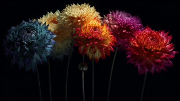 Flores digitais coloridas em fundo preto Generative ai