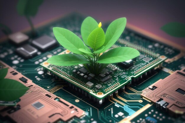 Foto las flores digitales: el abrazo de la naturaleza a una nueva vida donde los chips de computadora siembran conceptos ecológicos