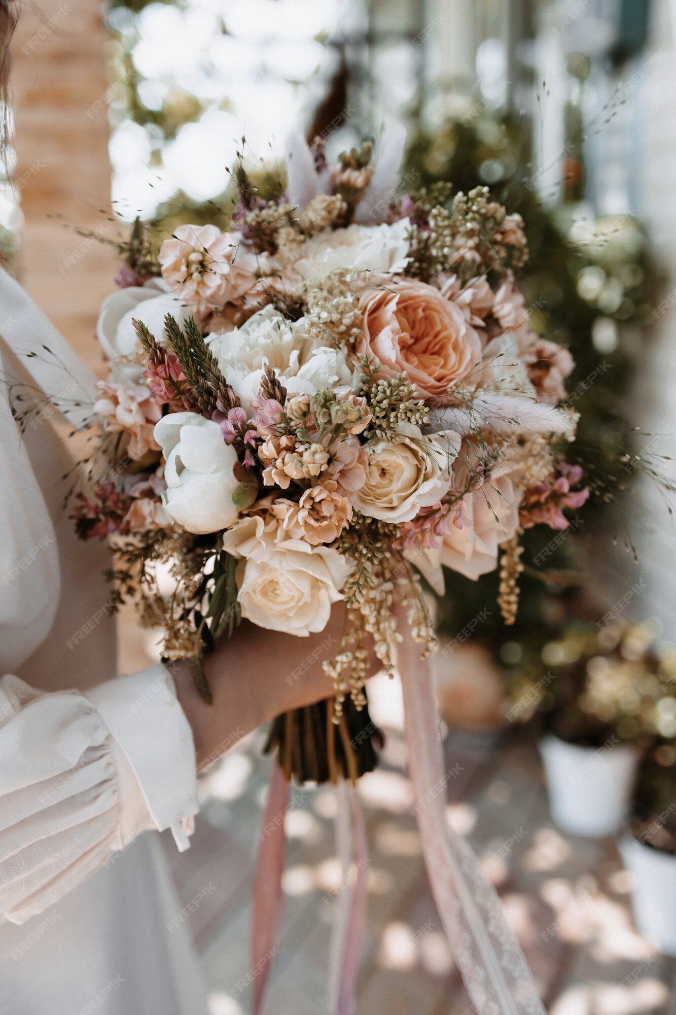 Flores do casamento na mão de uma noiva. bouquet de flores que representa o  casamento e o amor. | Foto Premium