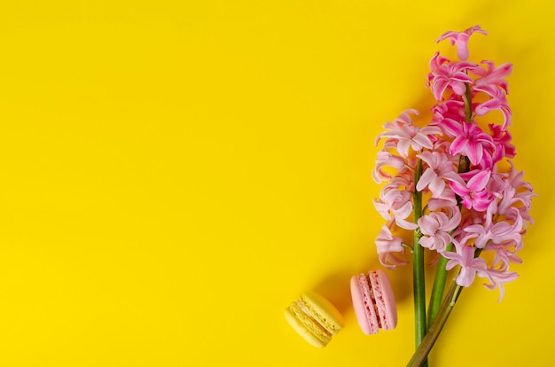 Flores do jacinto e macarons ou bolinhos de amêndoa cor-de-rosa no fundo amarelo. lay plana, de cima para baixo. copie o espaço. conceito de cartão de saudação.