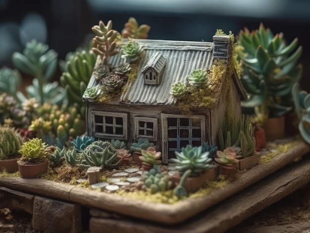 Flores domésticas en miniatura de fantasía, suculentas y cactus en el jardín creados con tecnología de IA generativa