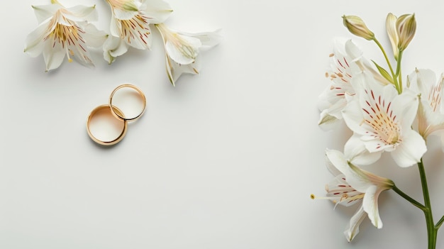 Foto flores y dos anillos de bodas dorados sobre un fondo blanco