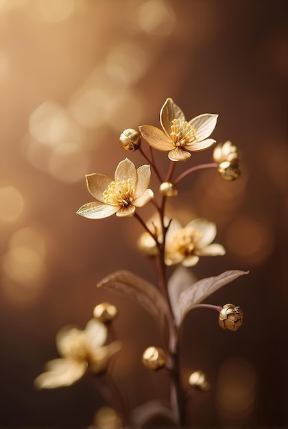 Flores douradas cremosas com fundo castanho desfocado