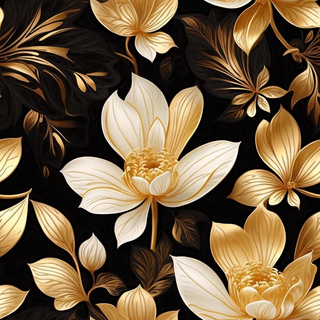 Flores douradas e folhas padrão em fundo preto decoração de luxo de floral botânico