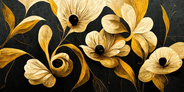 Flores douradas sobre fundo preto brilho dourado belo papel de parede arte Generativa Ai