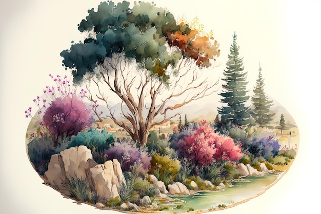 Flores e árvores pintadas à mão em uma paisagem em aquarela