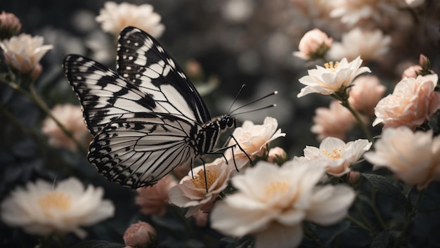 Flores e borboletas em preto e branco