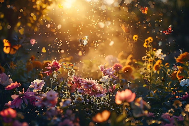 Flores e borboletas num jardim mágico com luz solar