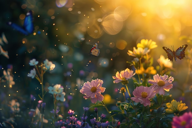 Flores e borboletas num jardim mágico com luz solar
