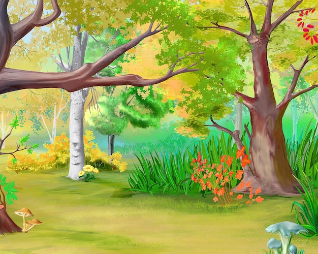 Flores e cogumelos na ilustração da floresta